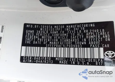 2020 Toyota Corolla Le z USA, uszkodzony, nr VIN 5YFEPRAE1LP009803